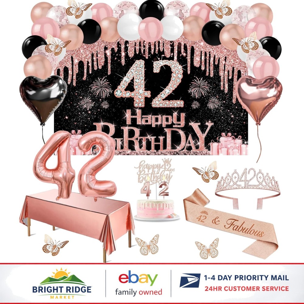 42nd Birthday Decoration Set with Banner, Tiara, Sash, Cake Topper & Balloons