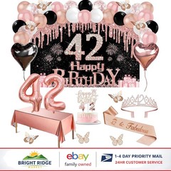 42nd Birthday Decoration Set with Banner, Tiara, Sash, Cake Topper & Balloons