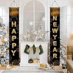 Happy New Year Black Gold Decorations – Front Porch Hang Door Banners, New Year