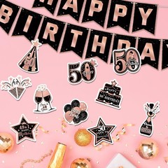 50th Birthday Decorations for Women, Pre-Strung Black Rose Gold Happy Birthday B