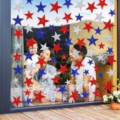 6 Sheets Glitter Stars Window Clings Patriotic Glitter Blue Red White Stars