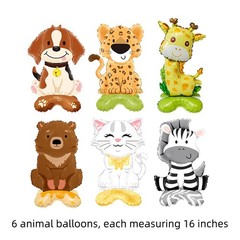 6pcs Standing Cute Animal Foil Balloons, Zebra Leopard Giraffe Bear Dog Cat M…