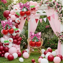 Cherry Balloon Arch Kit, Burgundy Pink White Transparent Pink Bow Red Cherry …