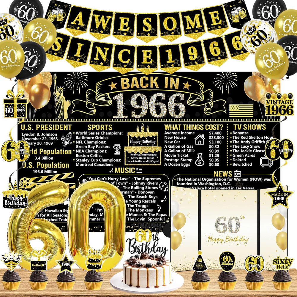 60Th Birthday Decorations for Men Women, 32PCS Back in 1966 Birthday Party Suppl