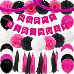 45pcs Hot Pink Black Party Decorations Kit Baby Girl Shower Rose Red Happy Ba…