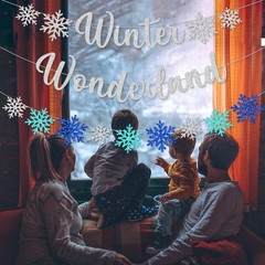3Pcs Winter Wonderland Banners, Glittery Snowflake Banner Silver Blue