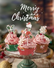 400 Pcs Mini Xmas Cupcake Liners Wrappers With 12 Pcs Holiday Toppers Kit
