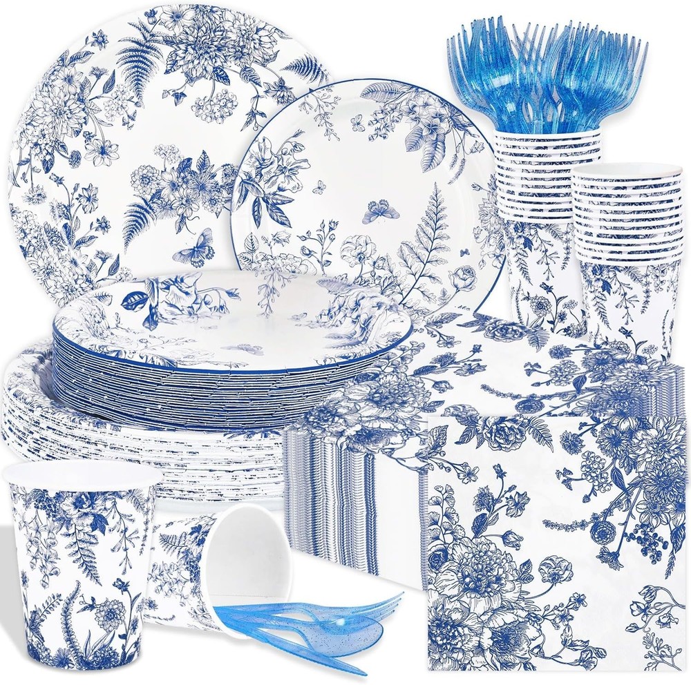 Blue and White Floral Tea Party Tableware Set (Plates, Cups, Napkins, Utensils)