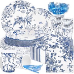 Blue and White Floral Tea Party Tableware Set (Plates, Cups, Napkins, Utensils)