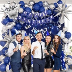 Blue and Silver Birthday Decorations, Blue White Silver Balloons Banner Table…
