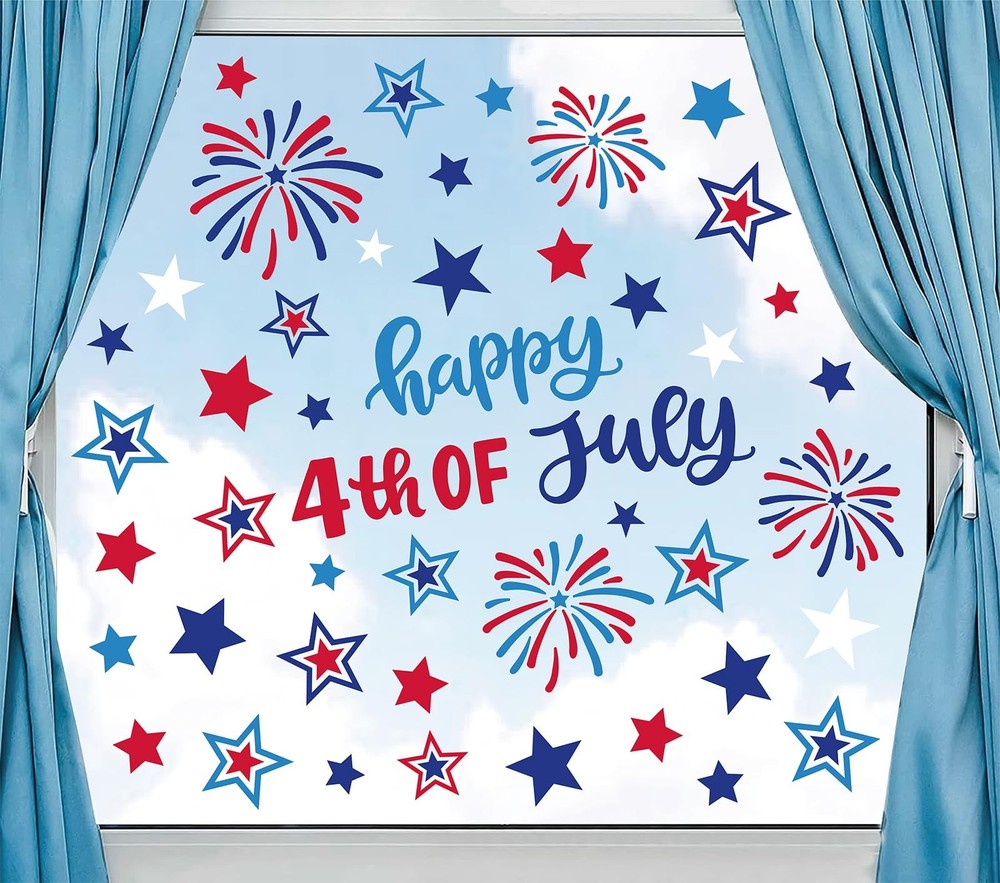 9 Sheets 4th of July Window Clings USA Stars Fireworks Window Decals Patriotic D