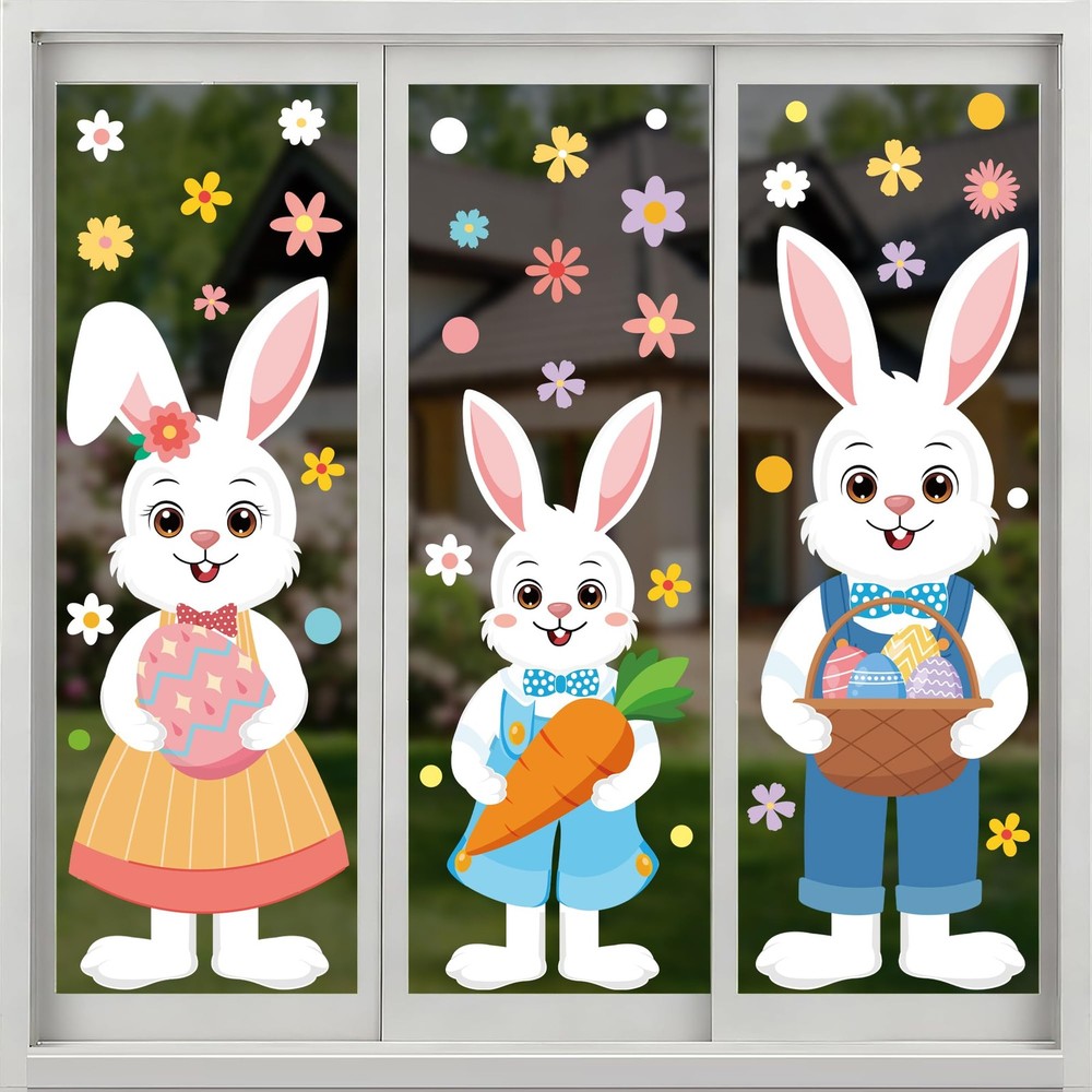 6 Sheet Extra Large Easter Window Clings Double-Sided Cartoon Bunny Rabbit Famil