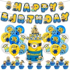 Minions Cartoon Character Birthday Party Supplies Set Banner Balloon Cake Topper