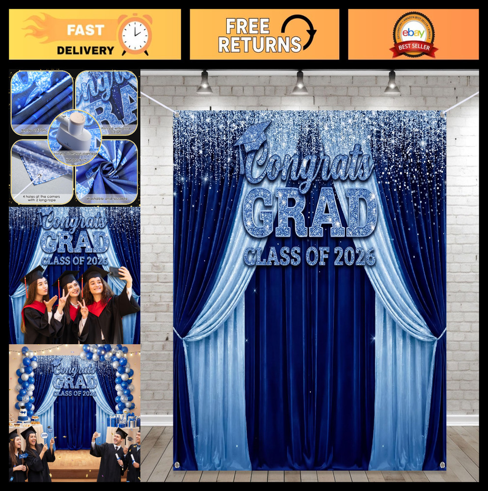 Large Class of 2026 Graduation Backdrop 5.9×6.6ft Blue Congrats Grad Photo Props