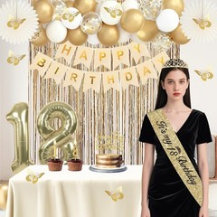 50Pcs 18th Birthday Party Decorations, Gold Sash, Crown, Banner & Fringe Curtain