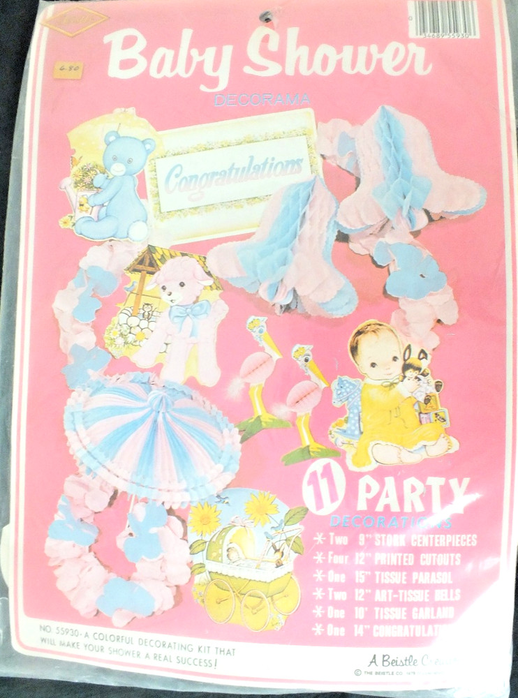 NOS Beistle 11 BABY shower paper cutouts HONEYCOMB Stork bells garland sealed