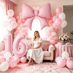 Pink Bow 16th Decorations Girls, Pink and White Balloons with Bow Heart Numbe…