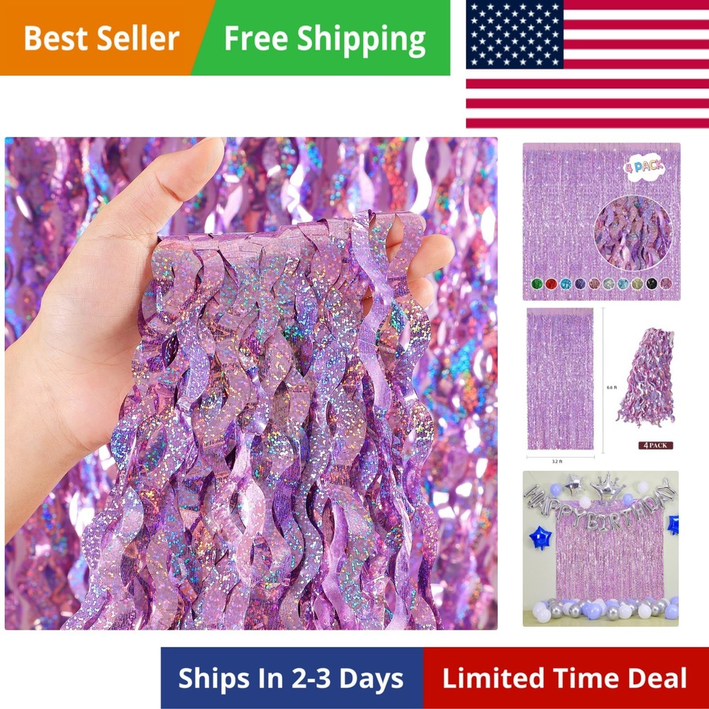 4 Pack Pink Tinsel Curtain Party Backdrop – 3.3 ft x 6.6 ft Sparkle Wavy Foil…