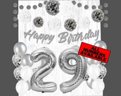 Silver & White 29th Birthday Decorations – 40″ Number Balloons &More-Boy or Girl