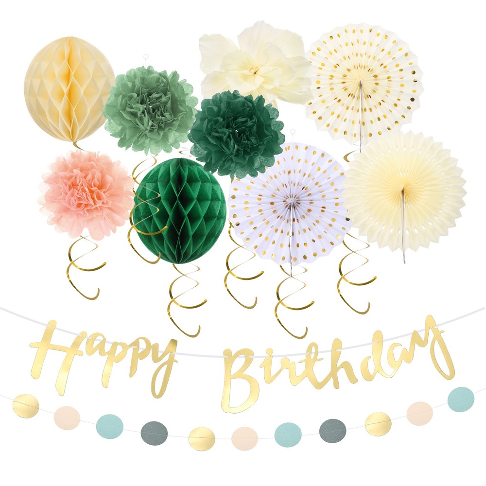 Olive Green Cream White Birthday Party Kits for Wall Decor, 17 Pcs