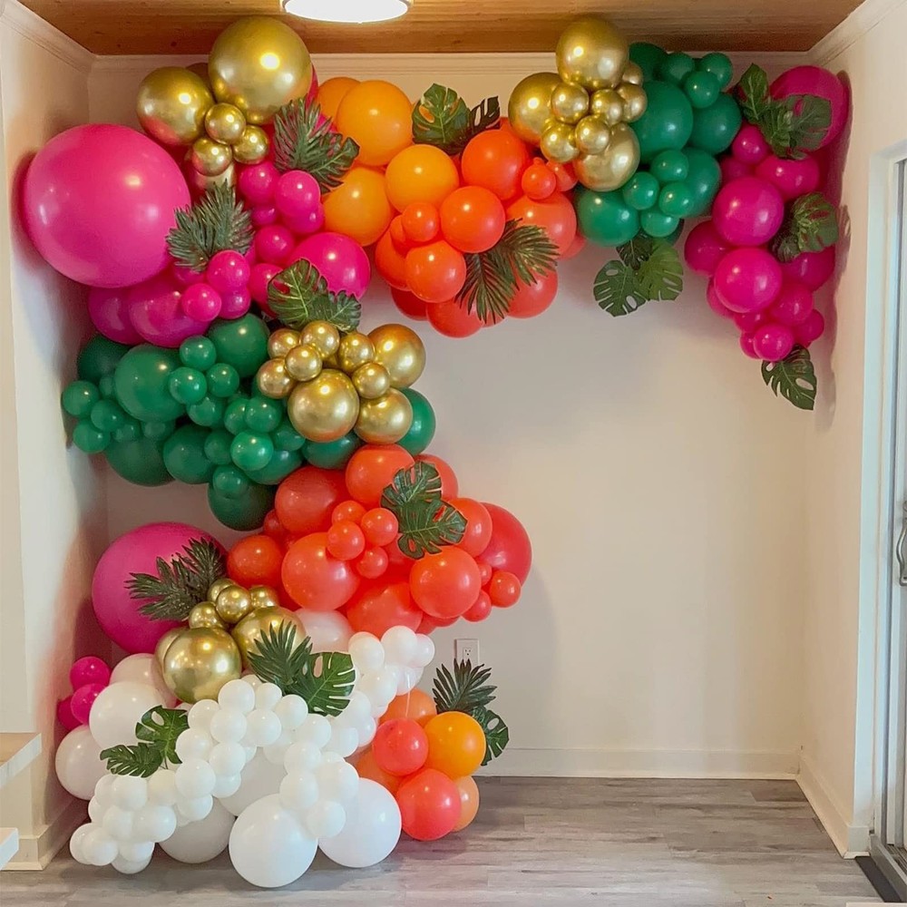 Hawaiian Tropical Theme Balloons Garland Kit with Green Hot Pink Metallic Gol…