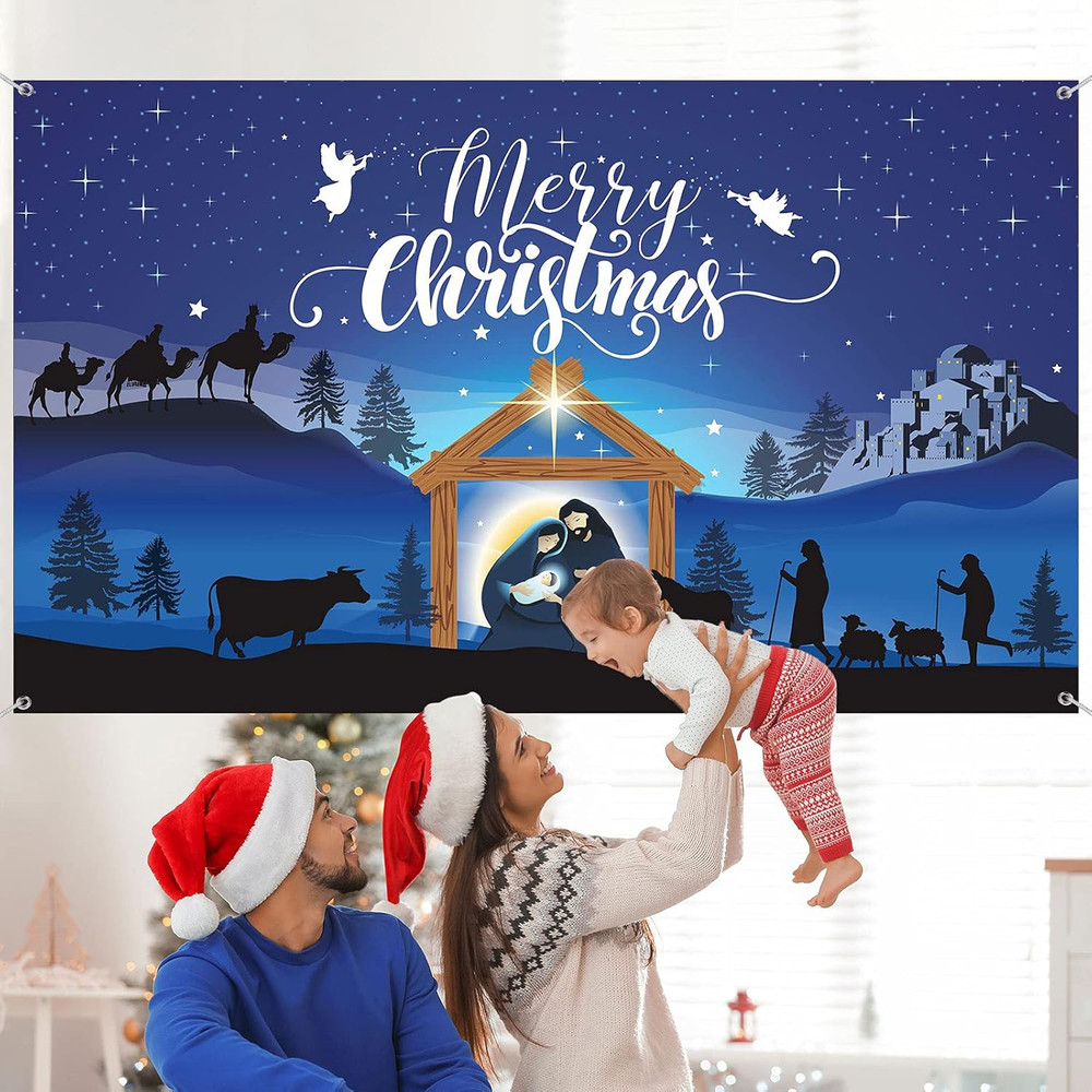 Merry Christmas Nativity Scene Banner – Large Blue Backdrop for Christmas Par…