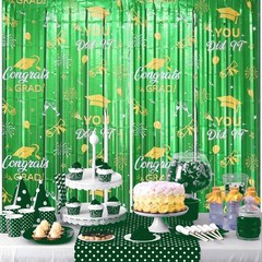 2 Pack Graduation Foil Fringe Curtain 3.3Ft x 6.6Ft Green Gold 2025 Graduation..