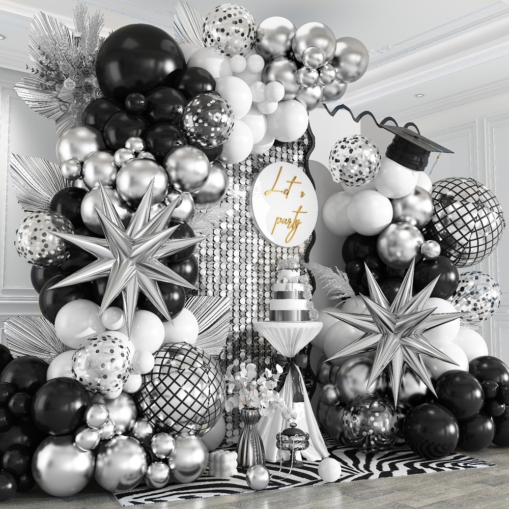 Black Silver Balloon Arch Kit 138Pcs Black White Metallic Silver Confetti Dis…