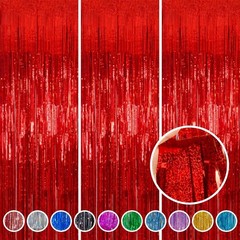 Red Foil Fringe Curtains 3 Pack 3.2 x 8.2 ft Shiny Tinsel Backdrop for Birthd…