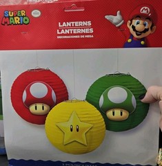 3 Pc Super Mario Bros. Backdrop 33.5×65″ Coins Bricks Mushrooms + 3 Pc Lanterns