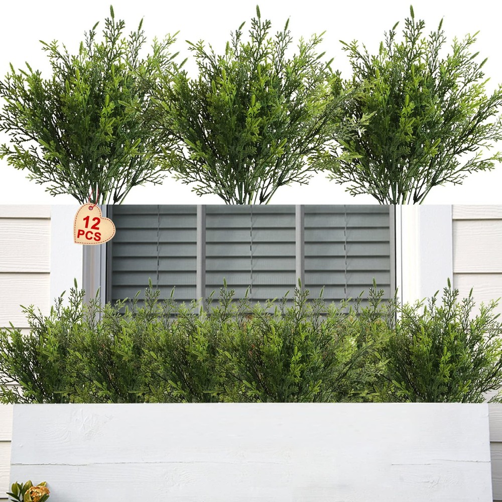 Yoratee Artificial Outdoor Plants 12 PCS Fake Cedar 15 inches, Green