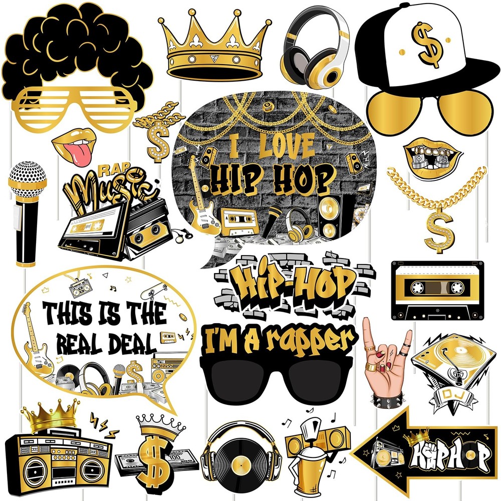 24 PCS Hip Hop Photo Booth Props Golden Black Retro Rock 90s Disco Music