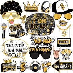 24 PCS Hip Hop Photo Booth Props Golden Black Retro Rock 90s Disco Music