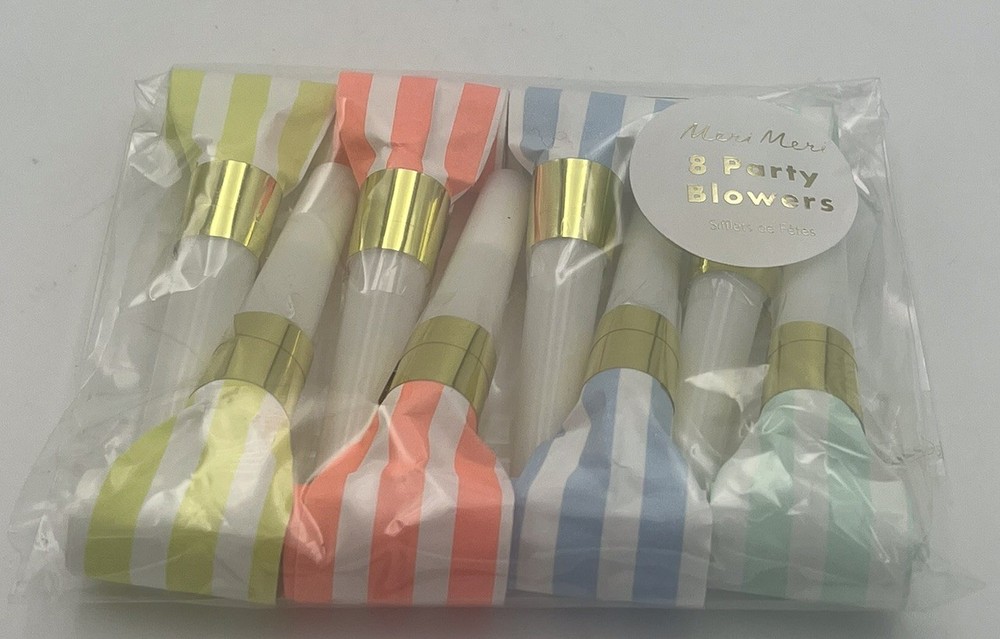 Meri Meri Package 8 Party Blowers Pink Blue Green Yellow Stripes NIP