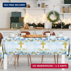 GREHUMOR 3Pcs God Bless Baptism Tablecloth Decorations First Communion Table Cov