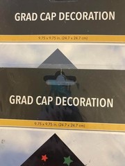 Two Pack Paper Grad Cap Decorations Black with Gold Glitter Wording