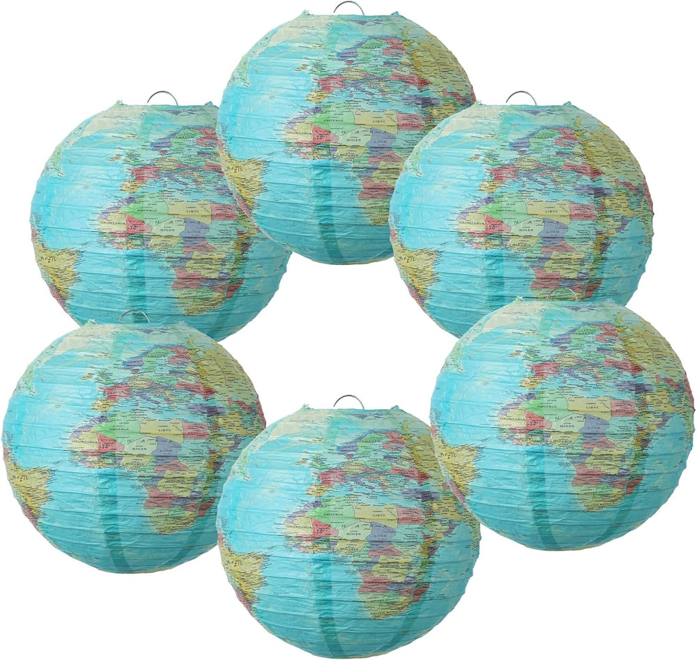 6 Pcs World Map Paper Lanterns, 8 Inch Earth Globe Hanging Lanterns Map Classroo
