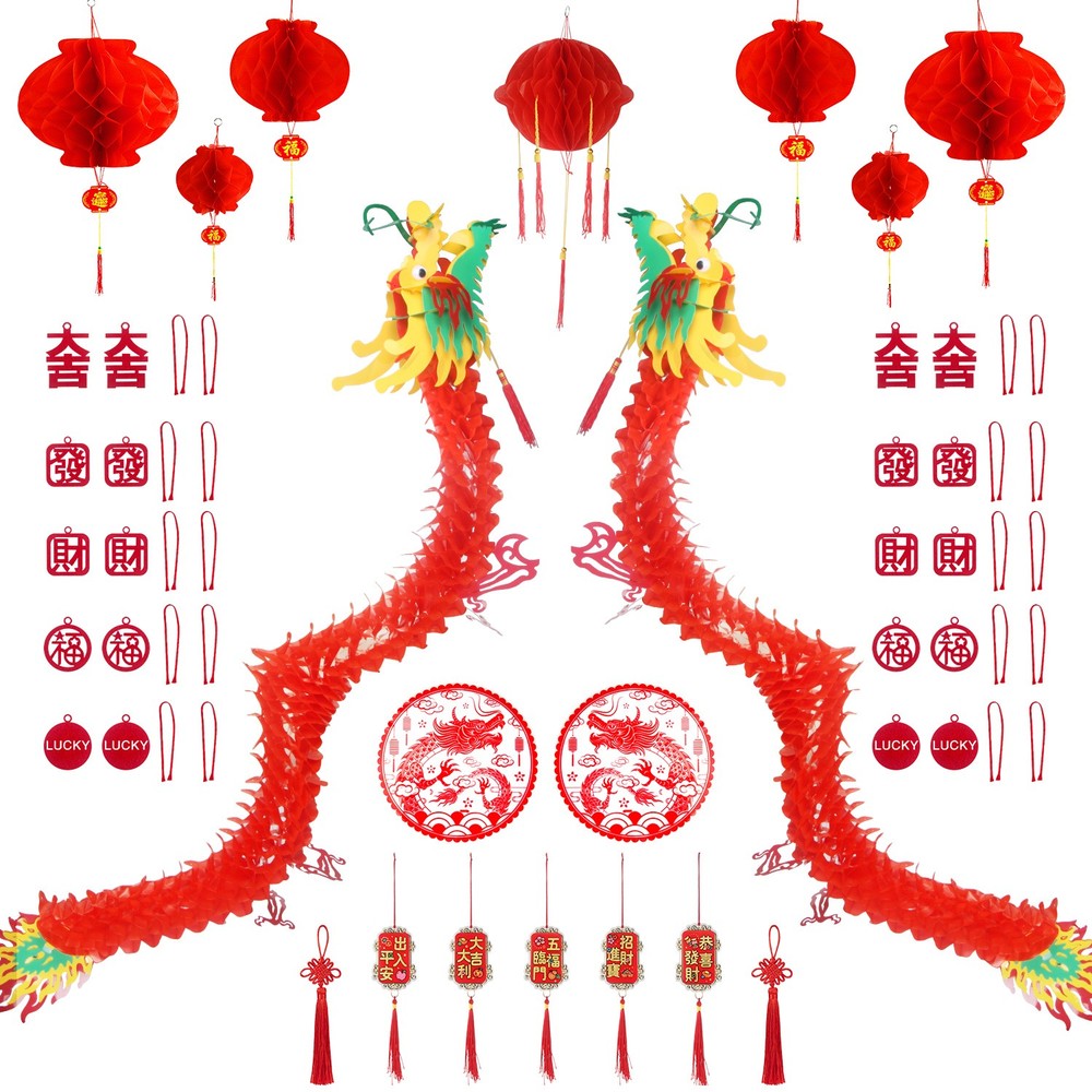 38Pcs Chinese New Year Decorations 2026 50in 3D Hanging Dragon Lanterns Set