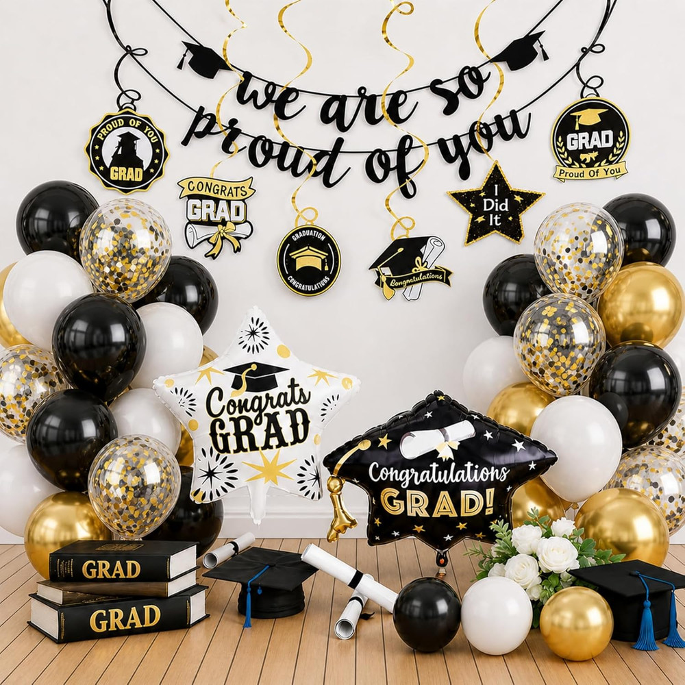 Graduation Balloons Set Class of 2026, Black and Gold Graduation Decorations We