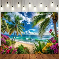 Hawaiian Beach Backdrop Background Tropical Aloha Banner Palm Flowers Photo