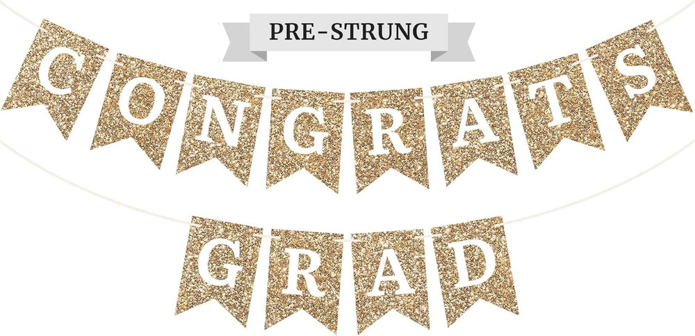 Pre-Strung Congrats Grad Banner Gold Glitter 6 Ft Graduation Party Decor