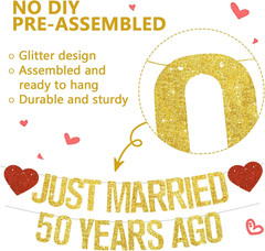 Gold Glitter Just Married 50 Years Ago Banner,No Diy,Pre-Strung 50Th Wedding Ann