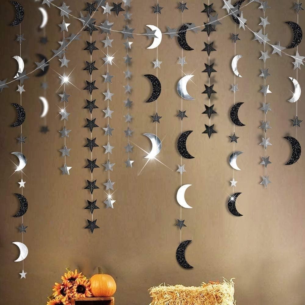 Black Silver Moon Garland Twilight Decoration Star Streamer Gothic Party Deco…