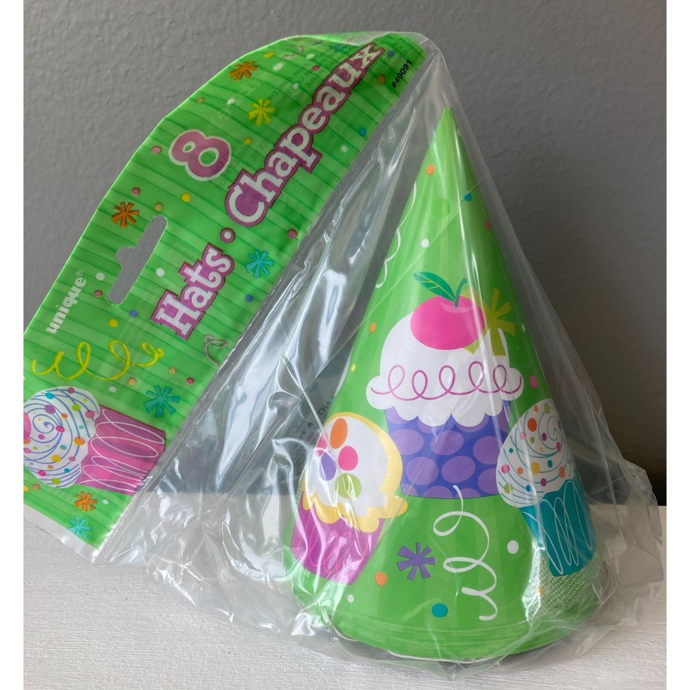 Unique Cupcakes Design Cone Hats Birthday Decoration Kids Green 8 Pieces New