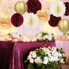 Burgundy Gold Birthday Party Decorations – 6pcs Tissue Pom Poms (10in, 12in)