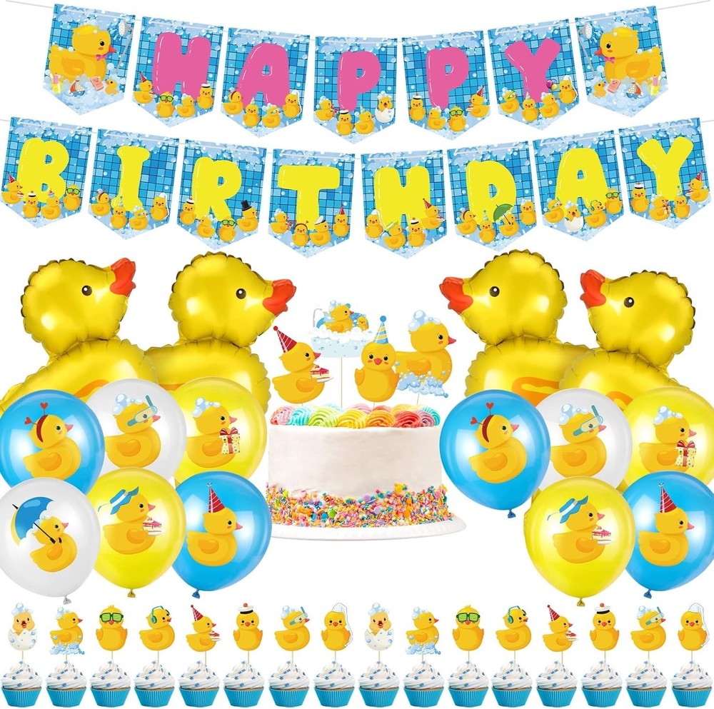 57 Pcs Duck Birthday Decorations Balloons Party Banner Cake Topper Cupcake Toppe