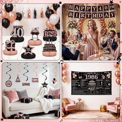 40th Birthday Decorations for Women Rose Gold Banner Balloon Pompoms Swirls