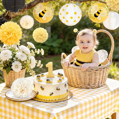 Bee Party Decorations, 12PCS Yellow Hanging Paper Lanterns Tissue Pom Poms Decor