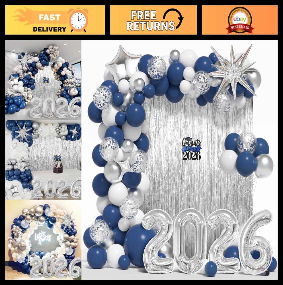 Graduation Balloon Garland Arch Kit – Class of 2026 Navy Blue White Silver Ballo