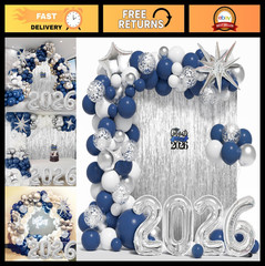 Graduation Balloon Garland Arch Kit – Class of 2026 Navy Blue White Silver Ballo